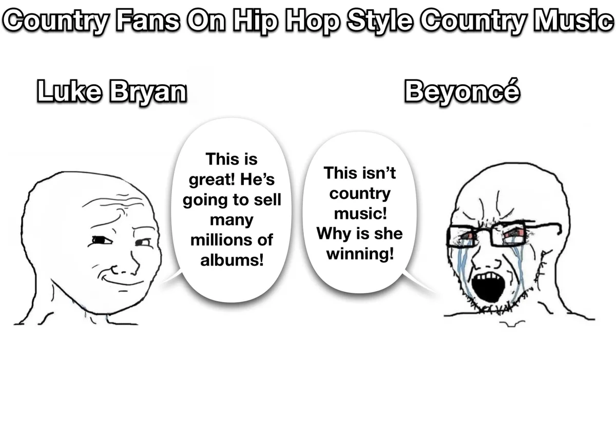 A meme showing two contrasting reactions to hip hop style country music. On the left, a smiling, simple face labeled 'Luke…