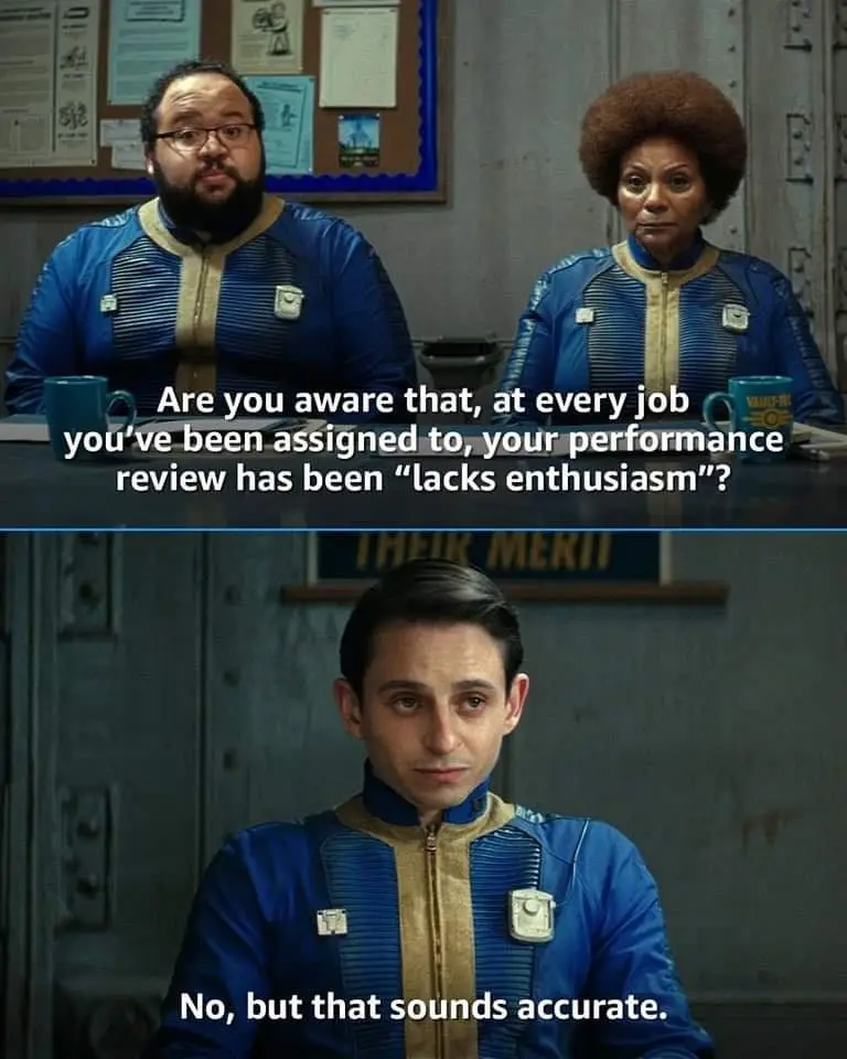 The top panel shows two Vault-Tec employees, a man with glasses and a beard and a woman with an afro, sitting at a desk with…