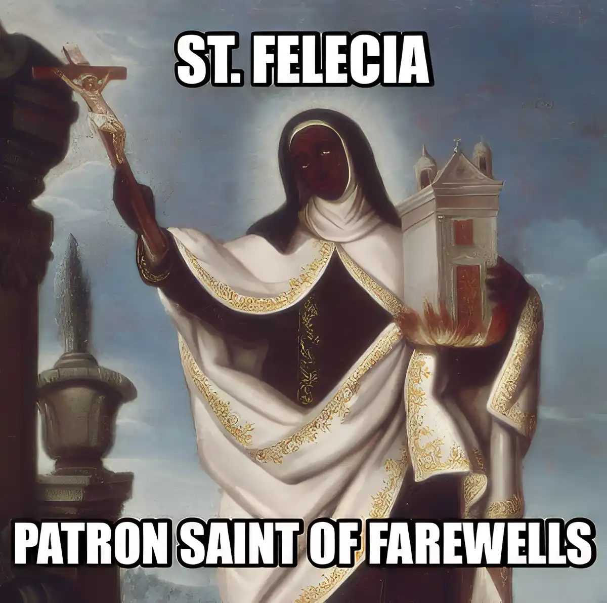 A classical religious painting depicts a dark-skinned woman in a white and black robe with gold trim, holding a crucifix in…