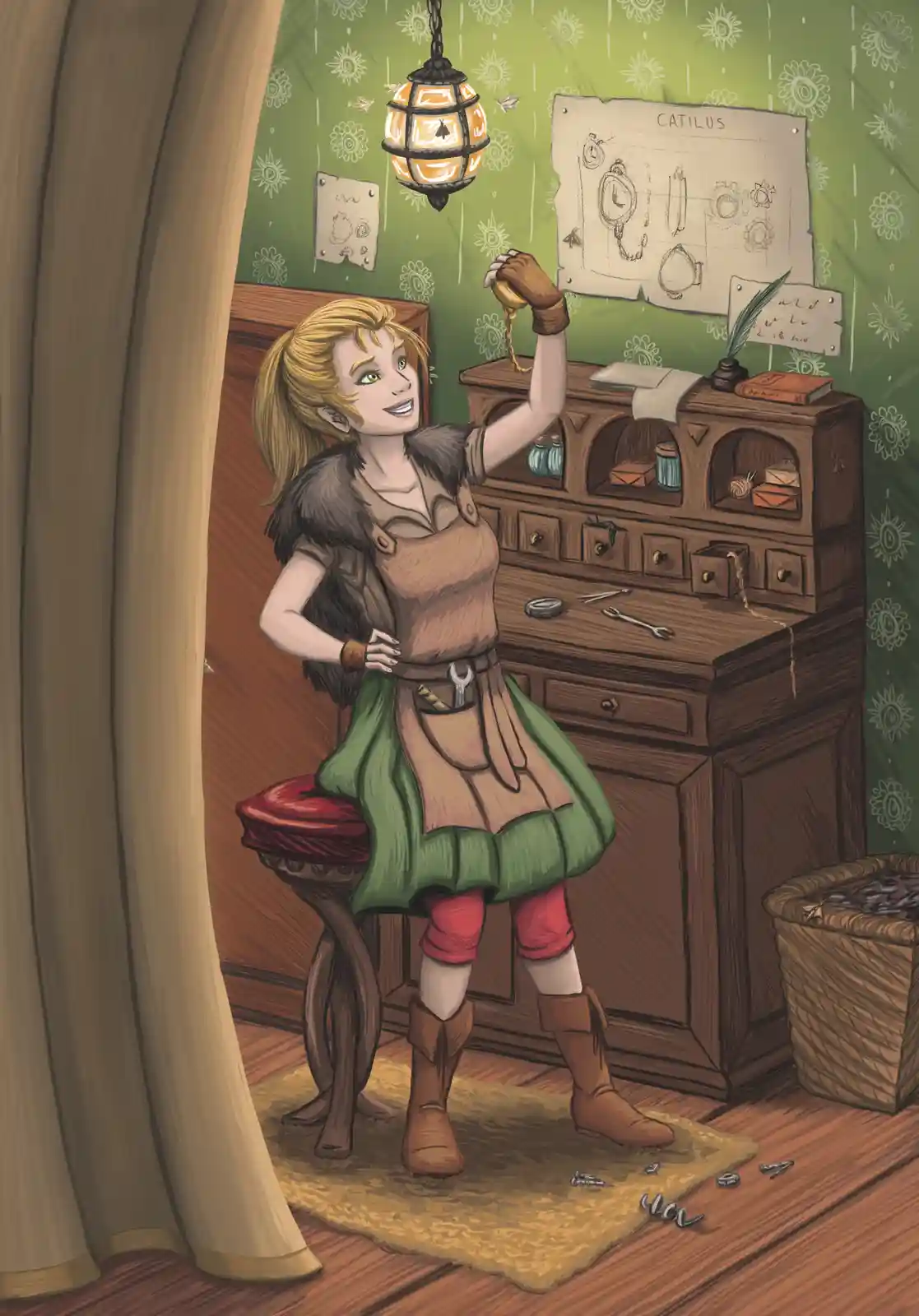 A blonde woman in a workshop, wearing a fur-trimmed vest and green skirt, sits on a stool and holds up a completed…