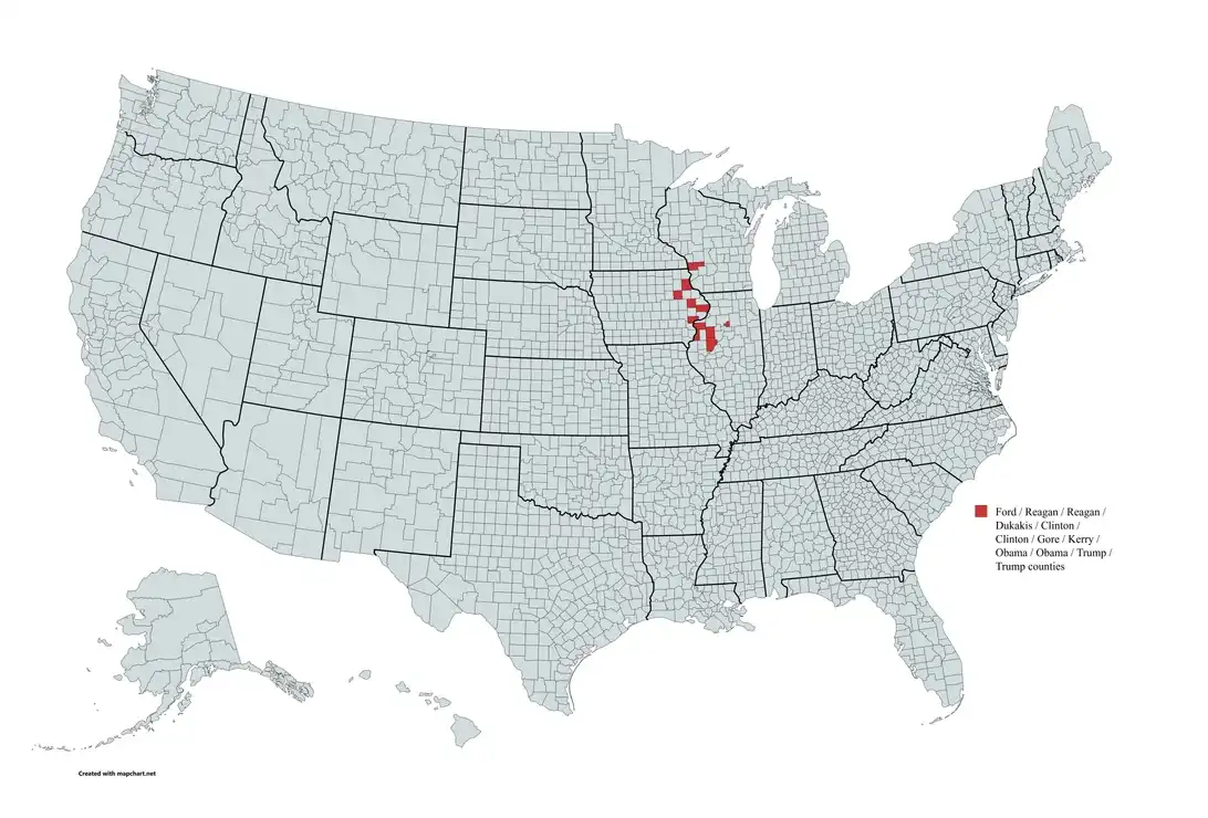 A grayscale map of the United States with a small cluster of red-highlighted counties in the Midwest, specifically Illinois…