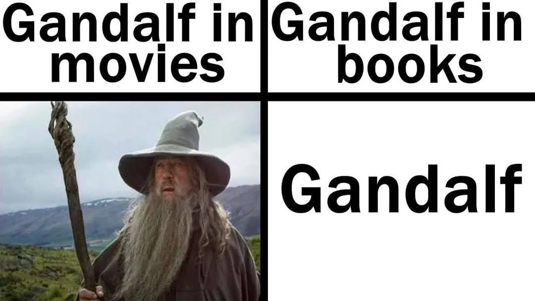 The image is a four-panel meme split into two columns. The left column shows a photo of Gandalf the Grey from the Lord of…