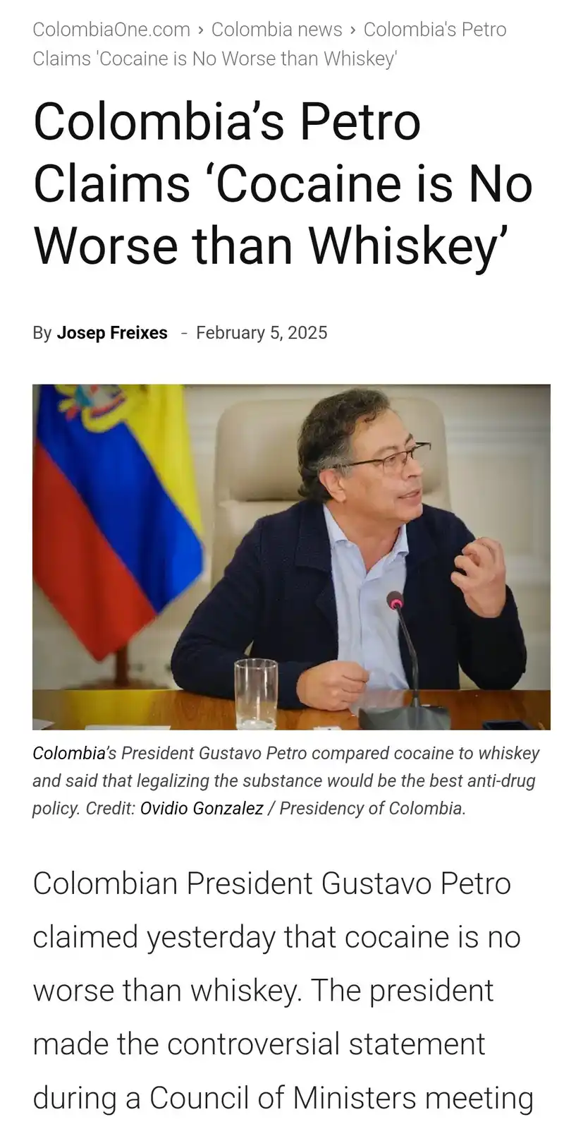 A screenshot of a news article from ColombiaOne.com shows a photo of Colombian President Gustavo Petro seated at a desk with…
