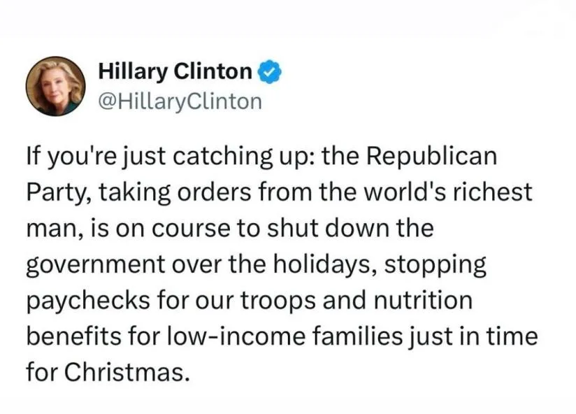 A screenshot of a tweet from Hillary Clinton's verified Twitter account, showing her profile picture and the full text of…