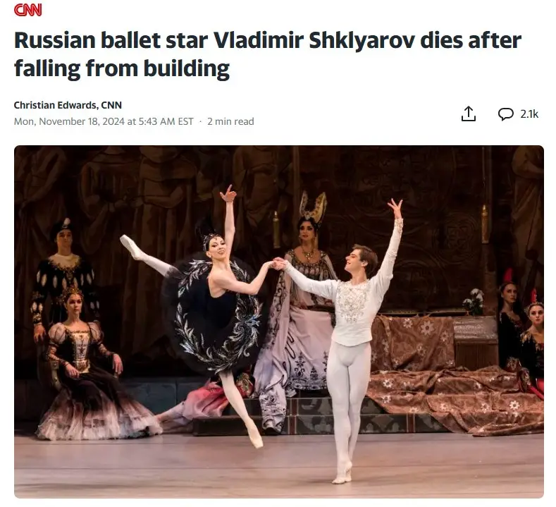 A screenshot of a CNN news article with a headline about Russian ballet star Vladimir Shklyarov's death from a fall…