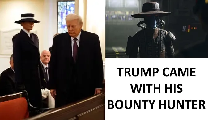 The image is a split-screen meme. On the left, Donald Trump walks solemnly in a church pew, flanked by a woman in a black…