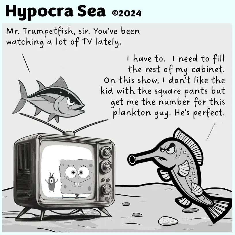 A black-and-white cartoon depicts a vintage TV set displaying SpongeBob SquarePants and Plankton. A fish named Mr…