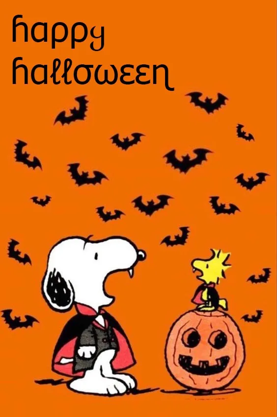 A Halloween-themed image features Snoopy dressed as a vampire with fangs and a cape, standing next to a carved pumpkin with…
