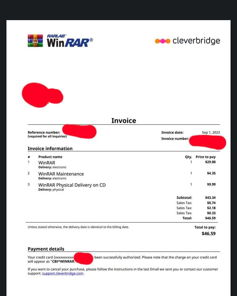 An invoice from RARLAB WinRAR and cleverbridge shows three line items for WinRAR software: the base program, maintenance…