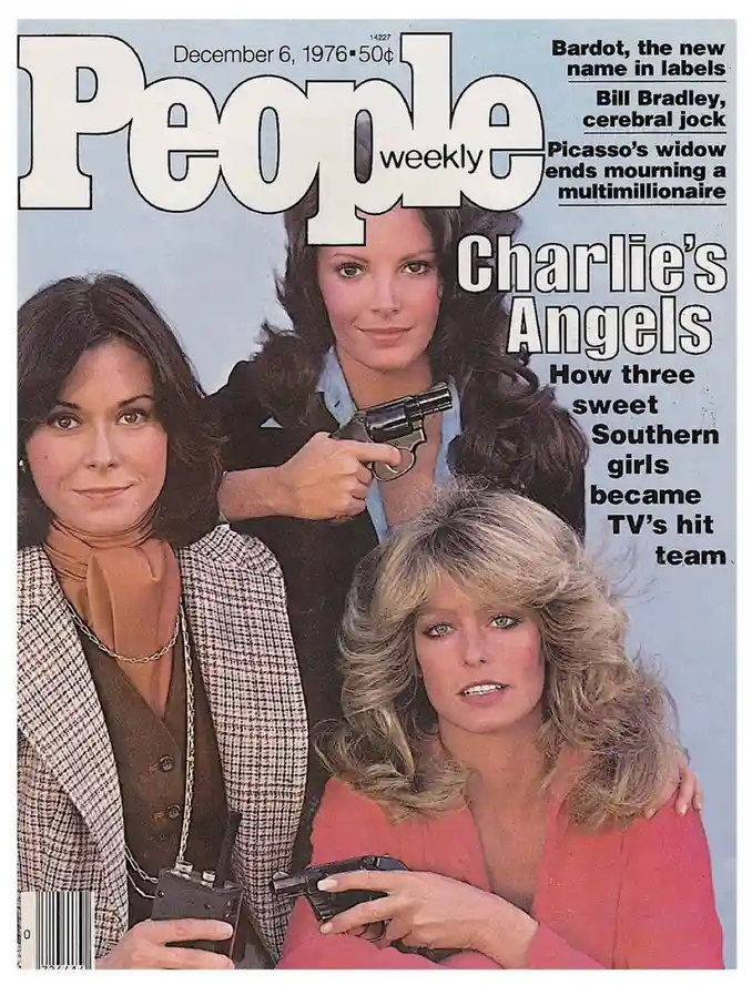 The cover of People Weekly from December 6, 1976, features the three actresses from the TV show Charlie's Angels posing with…