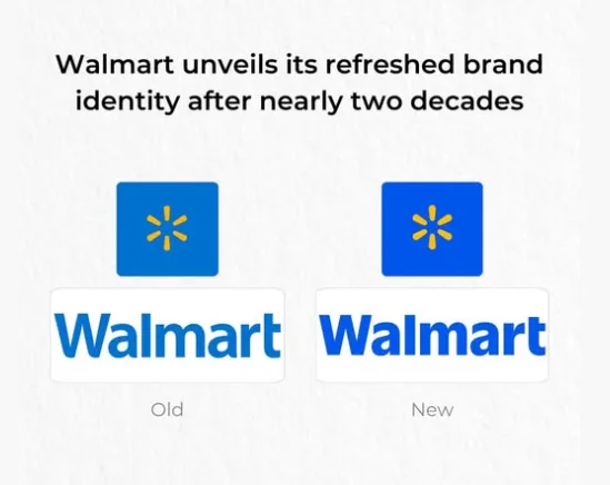 The image displays two side-by-side Walmart logos labeled 'Old' and 'New'. The 'Old' logo shows a blue square with a yellow…