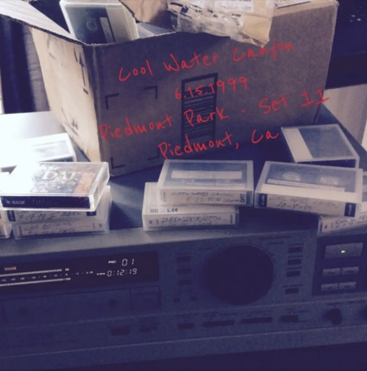 A photo shows a cardboard box and several DAT tapes labeled with 'Cool Water Canyon 6.15.1999 Piedmont Park - Set II…