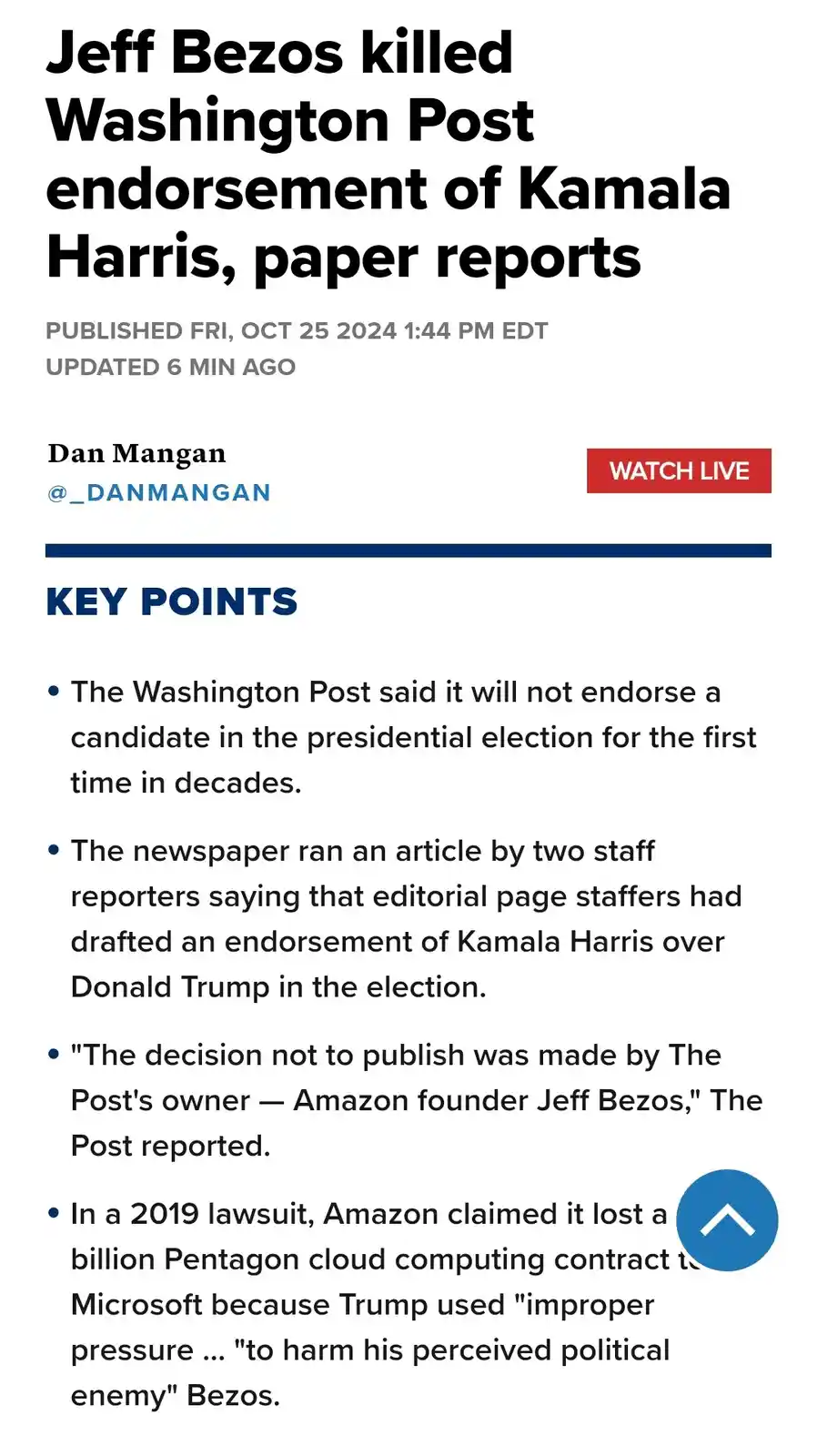 A screenshot of a Washington Post article headline stating 'Jeff Bezos killed Washington Post endorsement of Kamala Harris…