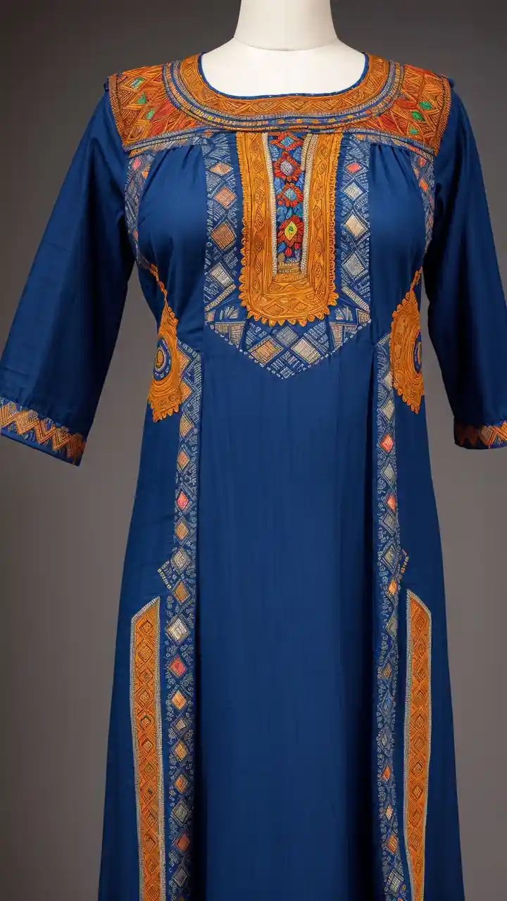 A royal blue, long-sleeved dress with intricate orange, red, and gold embroidery on the neckline, front panel, and sleeves…