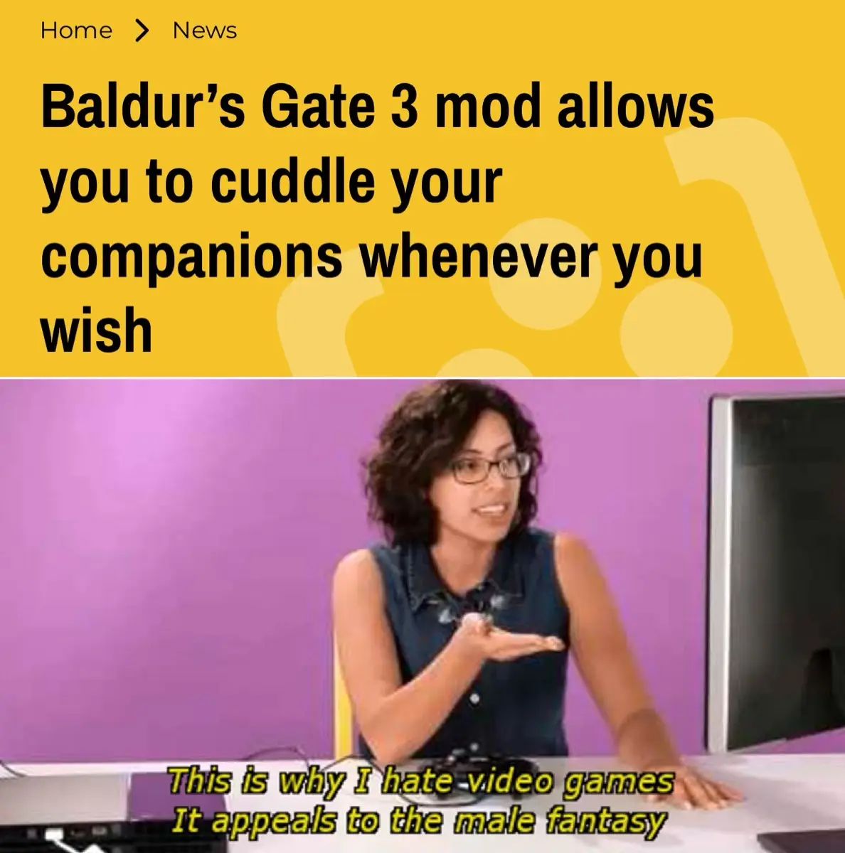 The image shows a screenshot of a news article header with the headline 'Baldur's Gate 3 mod allows you to cuddle your…