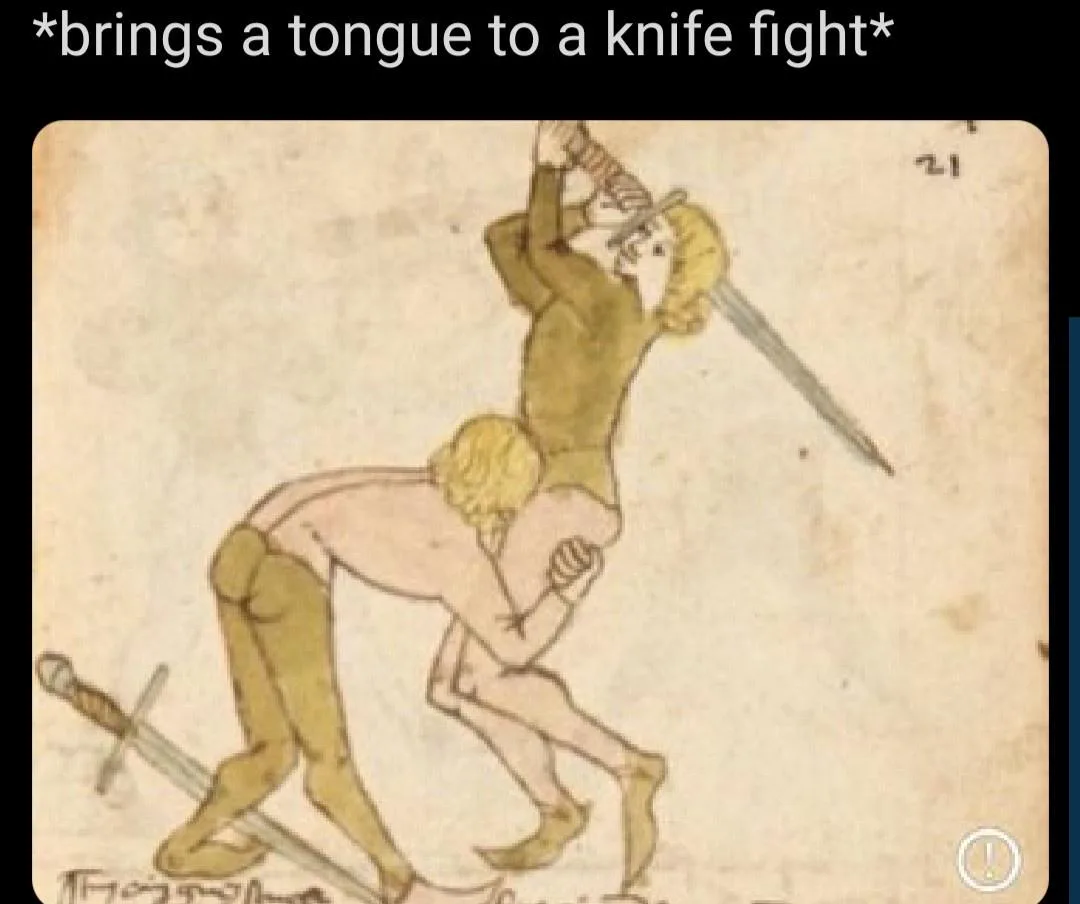 An old-style illustration shows two men fighting; one is holding a sword while the other has his arms around him. The text…