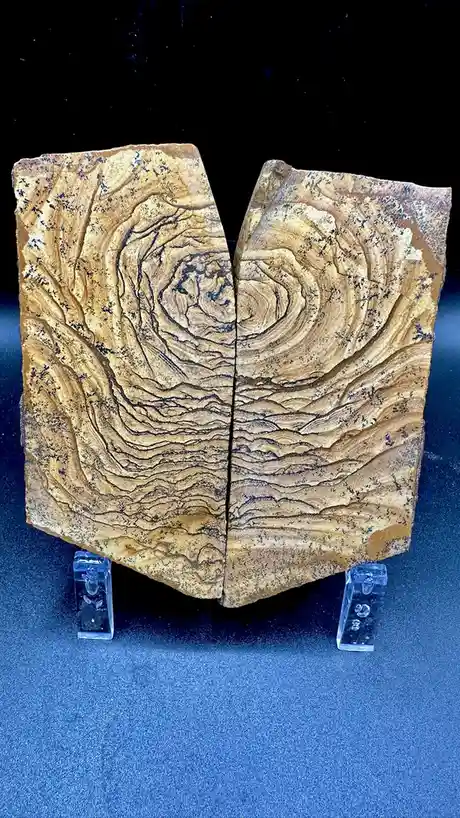 Two pieces of wood with swirling grain patterns are arranged to form the shape of a heart, displayed on clear acrylic stands…