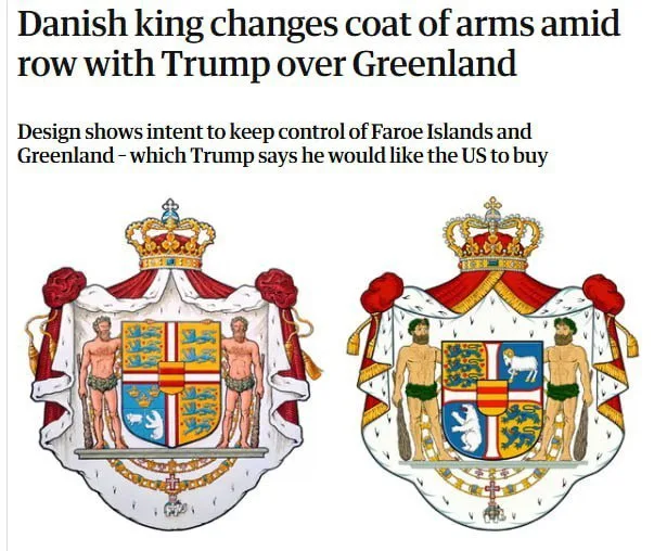 The image displays two Danish coats of arms side by side. The left one features two nude men in loincloths standing on…