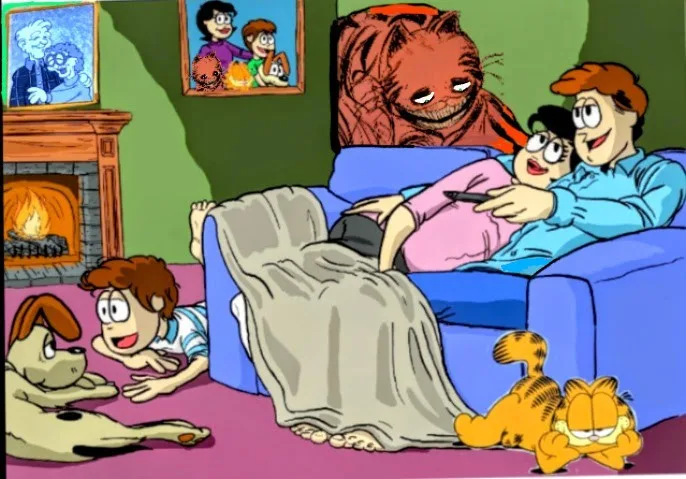 A cartoon family is relaxing in a living room with a fireplace, a dog, and Garfield. A giant, menacing red cat with a…