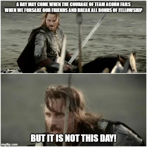 The image is a two-panel meme featuring Aragorn from 'The Lord of the Rings'. In the top panel, he stands on a horse holding…