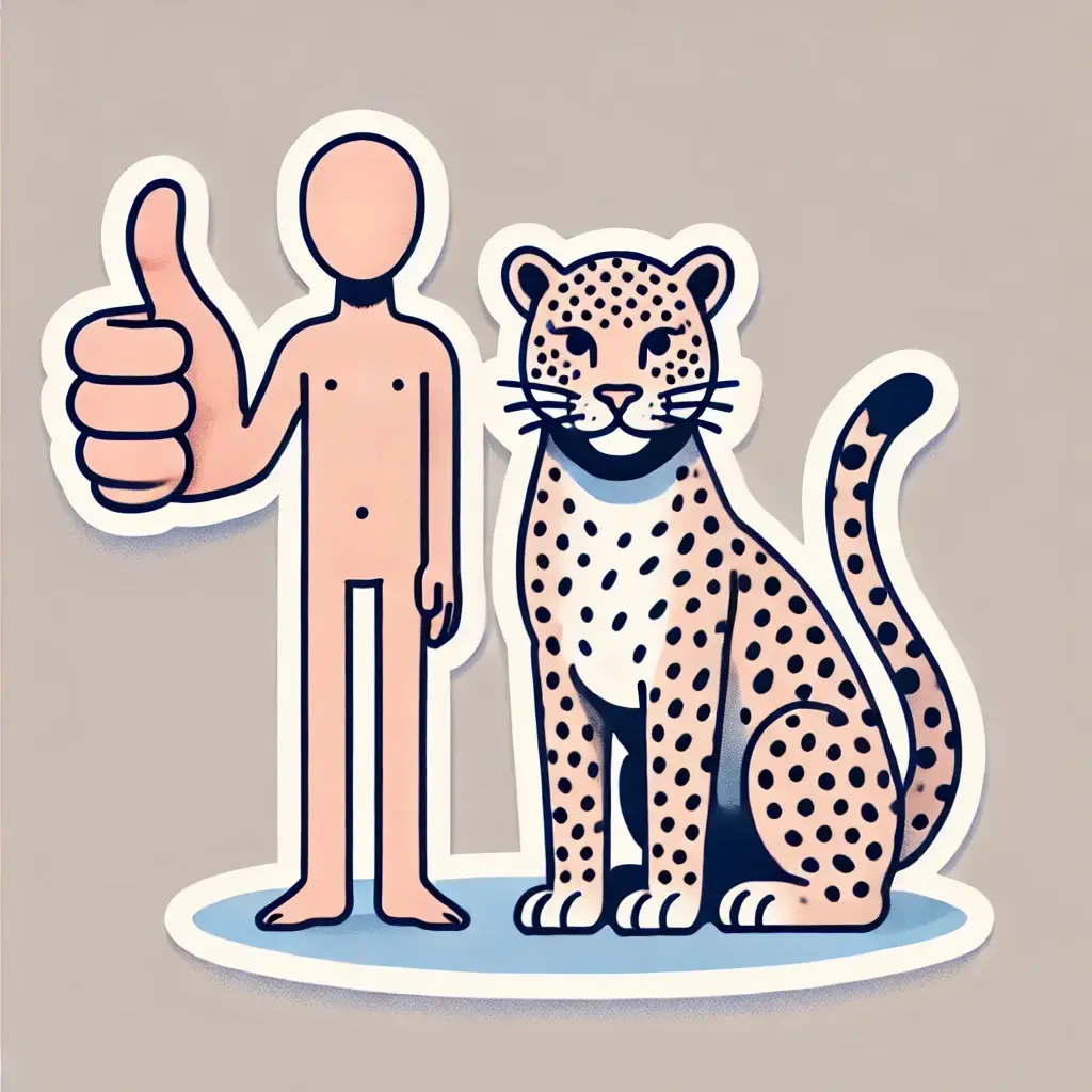A cartoon-style image shows a bald, featureless human figure giving a thumbs-up gesture next to a seated leopard with a smug…