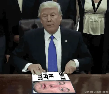 A six-panel image sequence shows Donald Trump seated at a desk, initially looking down at a photo of Elon Musk. He then…