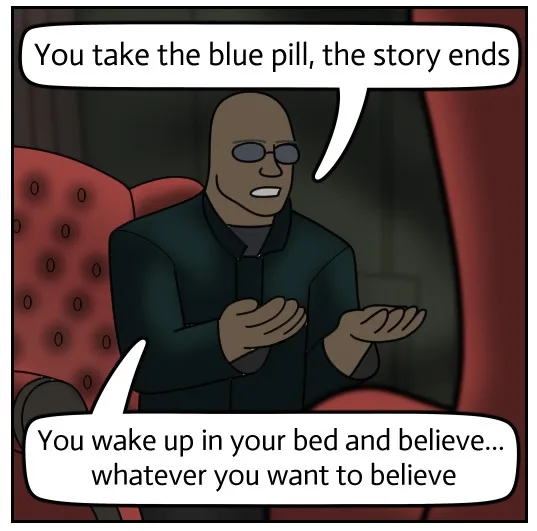 A cartoon depiction of a bald man in sunglasses and a dark suit, seated in a red upholstered chair, gesturing with both…