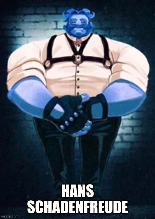 A muscular blue-skinned cartoon character with a beard stands confidently with arms crossed, wearing a light-colored shirt…