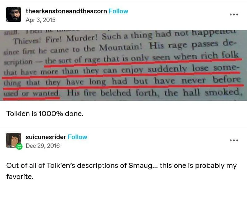 A screenshot of a Twitter thread shows a passage from a book with a section underlined in red. The text describes Smaug's…