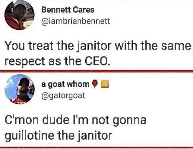 A screenshot of two Twitter replies. The first, from 'Bennett Cares', says 'You treat the janitor with the same respect as…