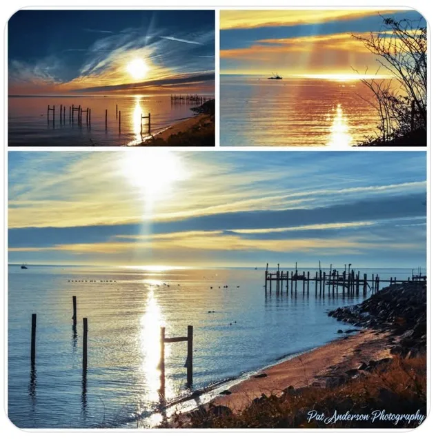 A collage of three serene sunrise photos over water, each featuring wooden pilings or docks, calm reflections, and a bright…