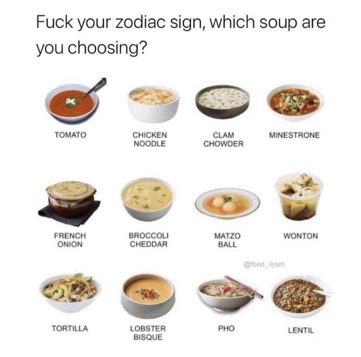 An image displays twelve different types of soup, each labeled with its name beneath a photo of the dish. The top text reads…