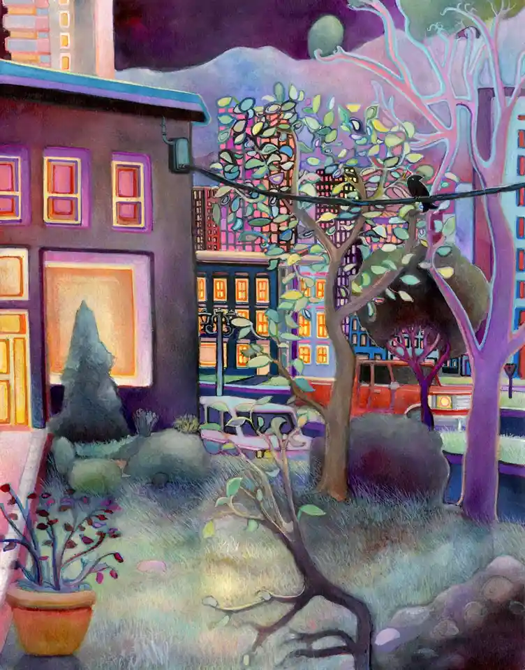 A stylized, colorful painting of a nighttime urban courtyard with glowing windows, trees, and parked cars, overlaid with the…