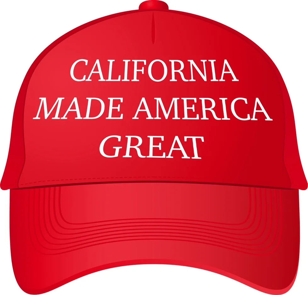 A red baseball cap with white text reading 'CALIFORNIA MADE AMERICA GREAT' in a bold, capitalized font. The cap has a…