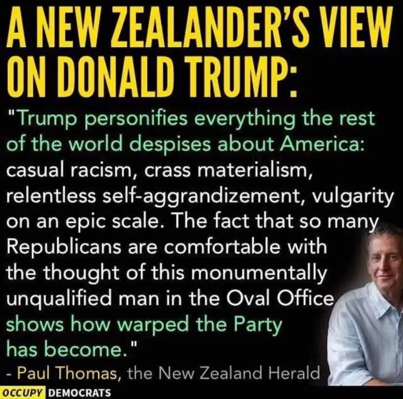 A black background image features large yellow text at the top reading 'A NEW ZEALANDER'S VIEW ON DONALD TRUMP:' followed by…
