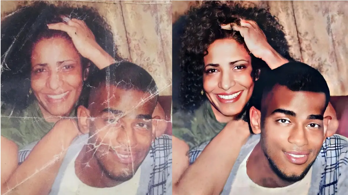 The image displays two side-by-side photos of the same smiling woman and young man in an affectionate pose. The left photo…