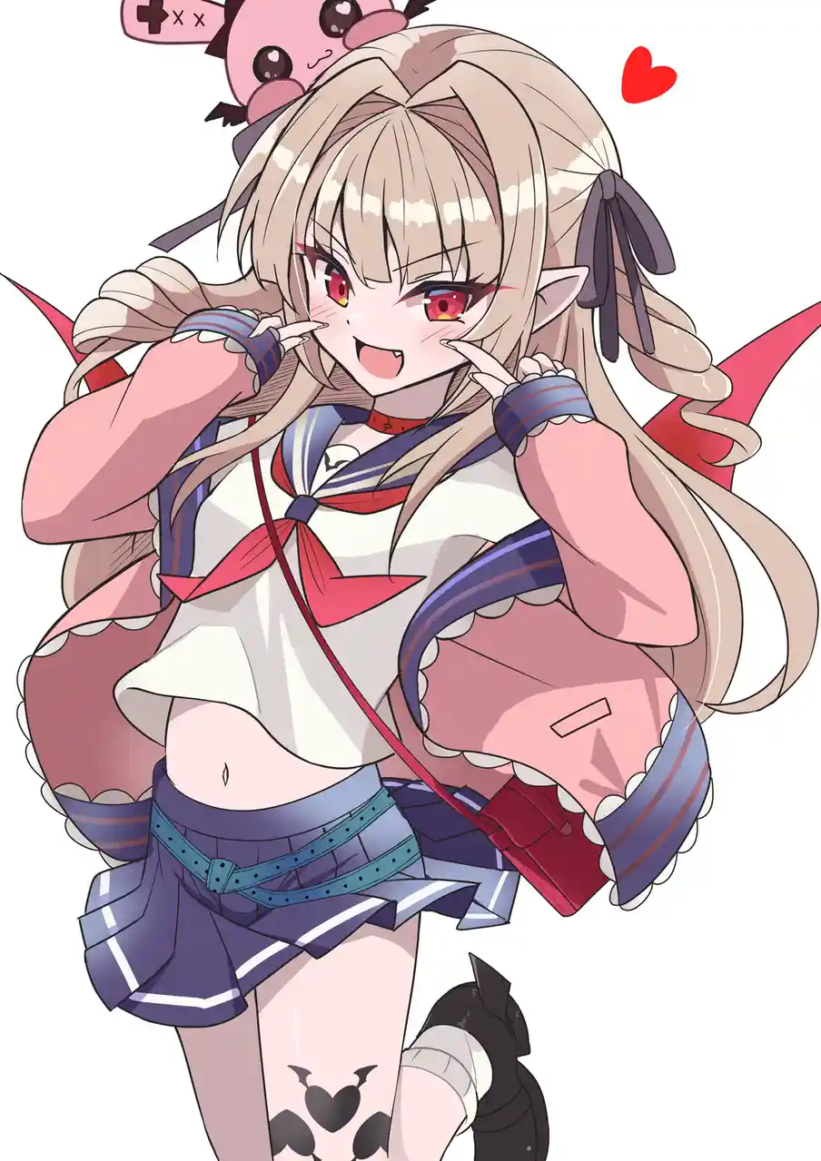 An anime-style girl with blonde hair, red eyes, and devil horns and tail wears a sailor outfit and smiles while holding her…