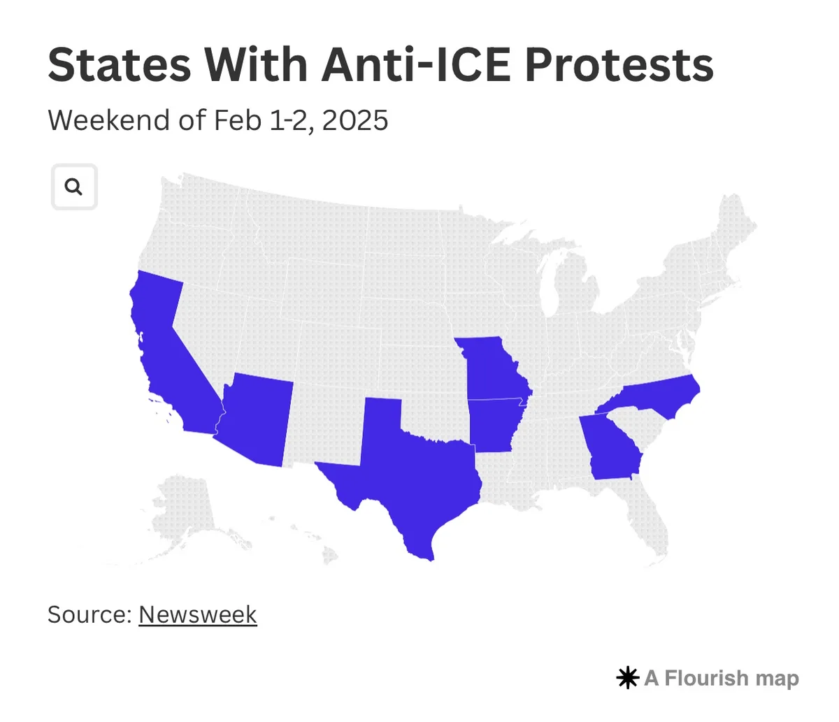 A map of the United States shows six states highlighted in blue: California, Arizona, Texas, Missouri, Georgia, and North…