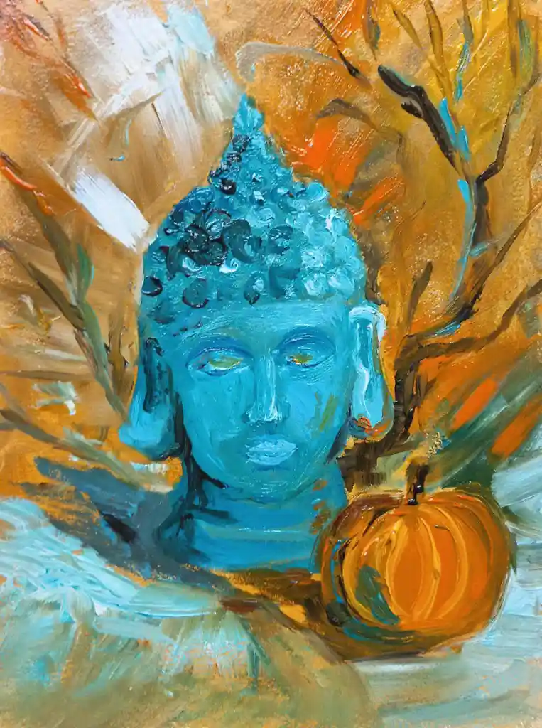 A painted image shows a serene blue Buddha head with closed eyes, set against a warm orange and brown background with…