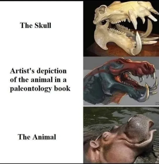 The image is a three-panel meme comparing a real animal skull, a dramatic artist's reconstruction of that animal from a…