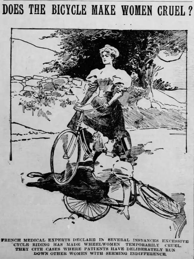 A vintage black-and-white illustration shows a woman riding a bicycle while another woman is depicted falling off her bike…