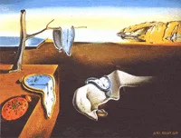 six panels show Salvador Dalí's painting 'The Persistence of Memory' with melting clocks, where the clocks progressively…