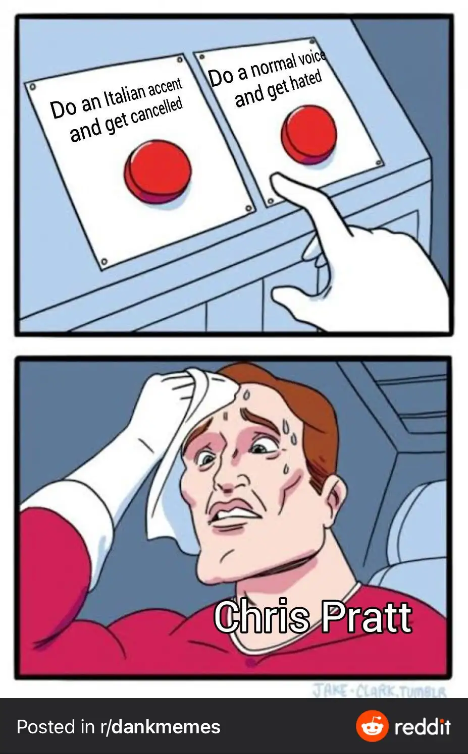 The top panel shows a hand hovering over two red buttons labeled 'Do an Italian accent and get cancelled' and 'Do a normal…