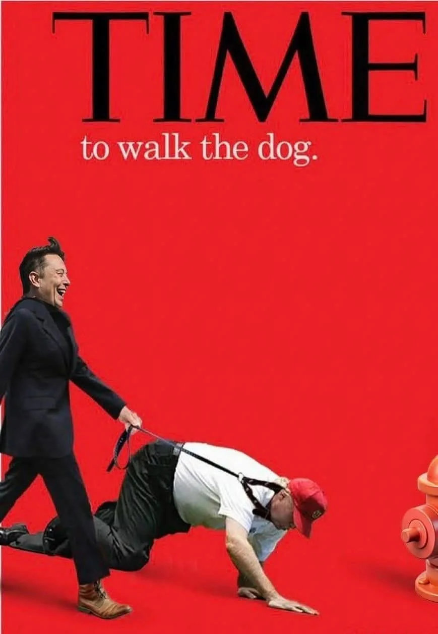 A red background mimicking a TIME magazine cover features Elon Musk in a suit laughing while pulling Donald Trump, who is…