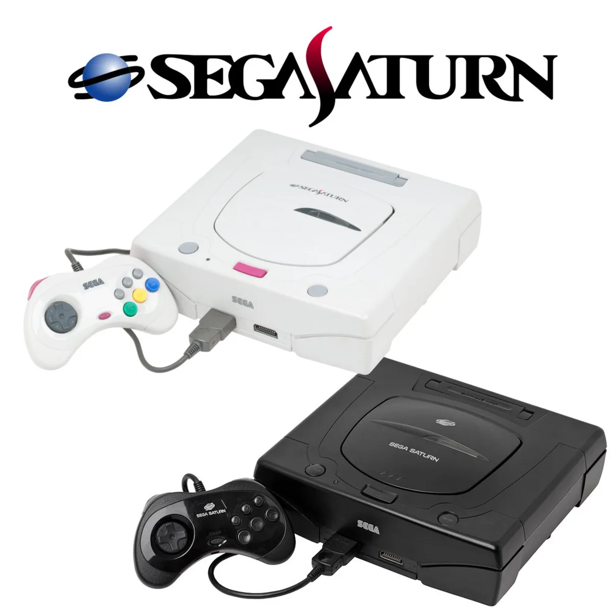 The image displays two Sega Saturn consoles, one white and one black, each with its matching controller, against a white…