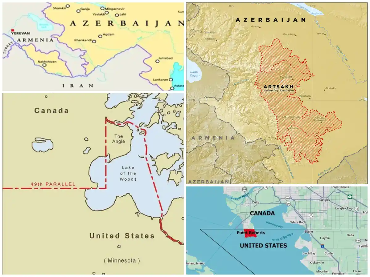 A collage of four maps showing geopolitical anomalies: Armenia-Azerbaijan border with Artsakh (claimed by Azerbaijan), the…