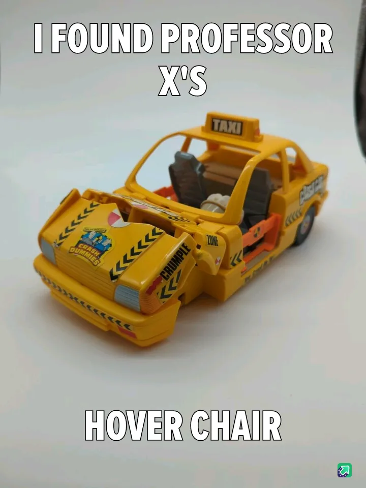 A yellow toy taxi with its rear section open, revealing a small seat inside. The text overlaid on the image reads 'I FOUND…