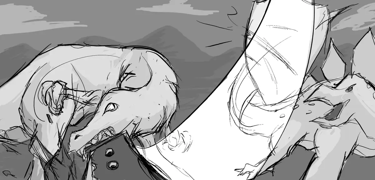 A black-and-white sketch depicts a large, monstrous creature with sharp teeth and a menacing expression, looming over a…
