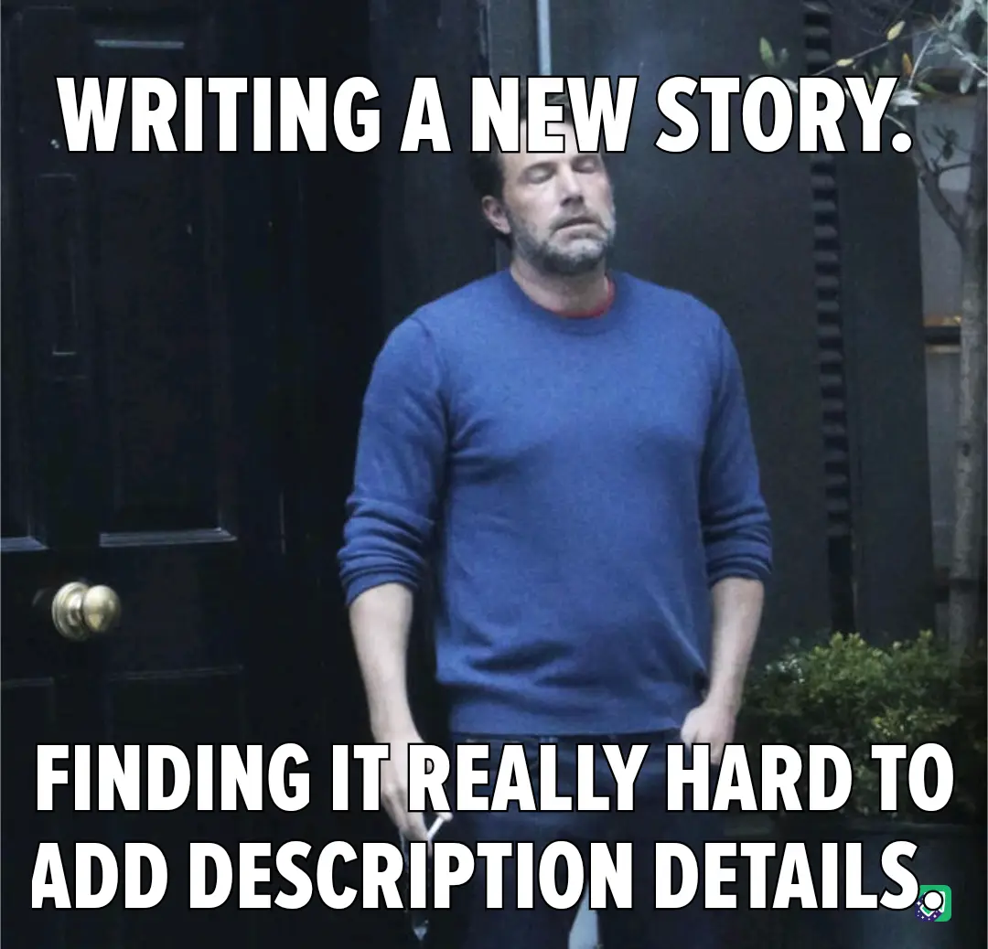 A man with a weary expression stands in front of a dark door, wearing a blue sweater. White bold text overlays the image…
