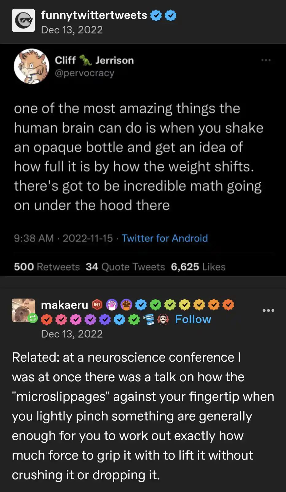 A screenshot of a Twitter thread shows user Cliff Jerrison marveling at the human brain's ability to judge liquid volume in…